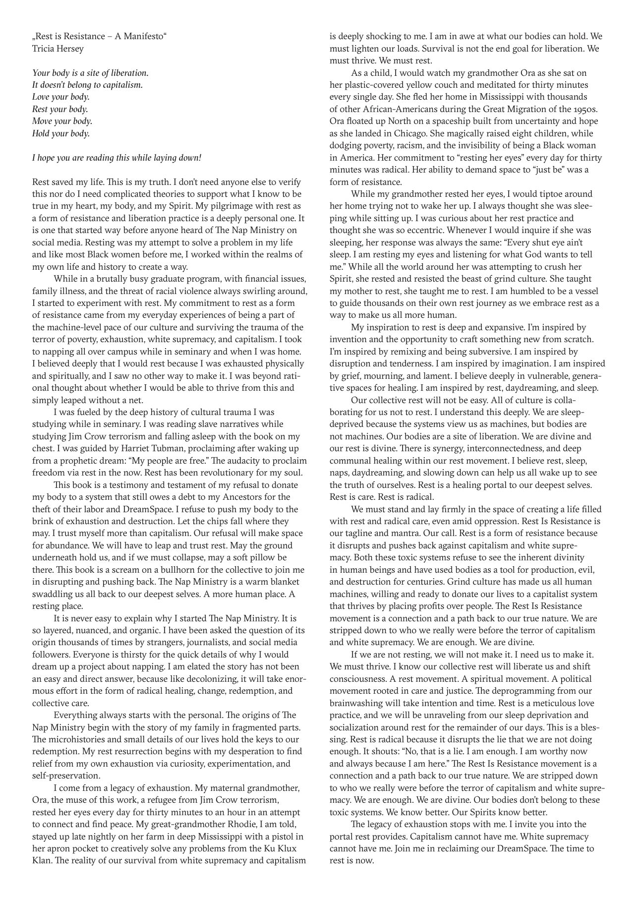 the other side of the zine: an excerpt from Tricia Hersey, Rest Is Resistance, set in black