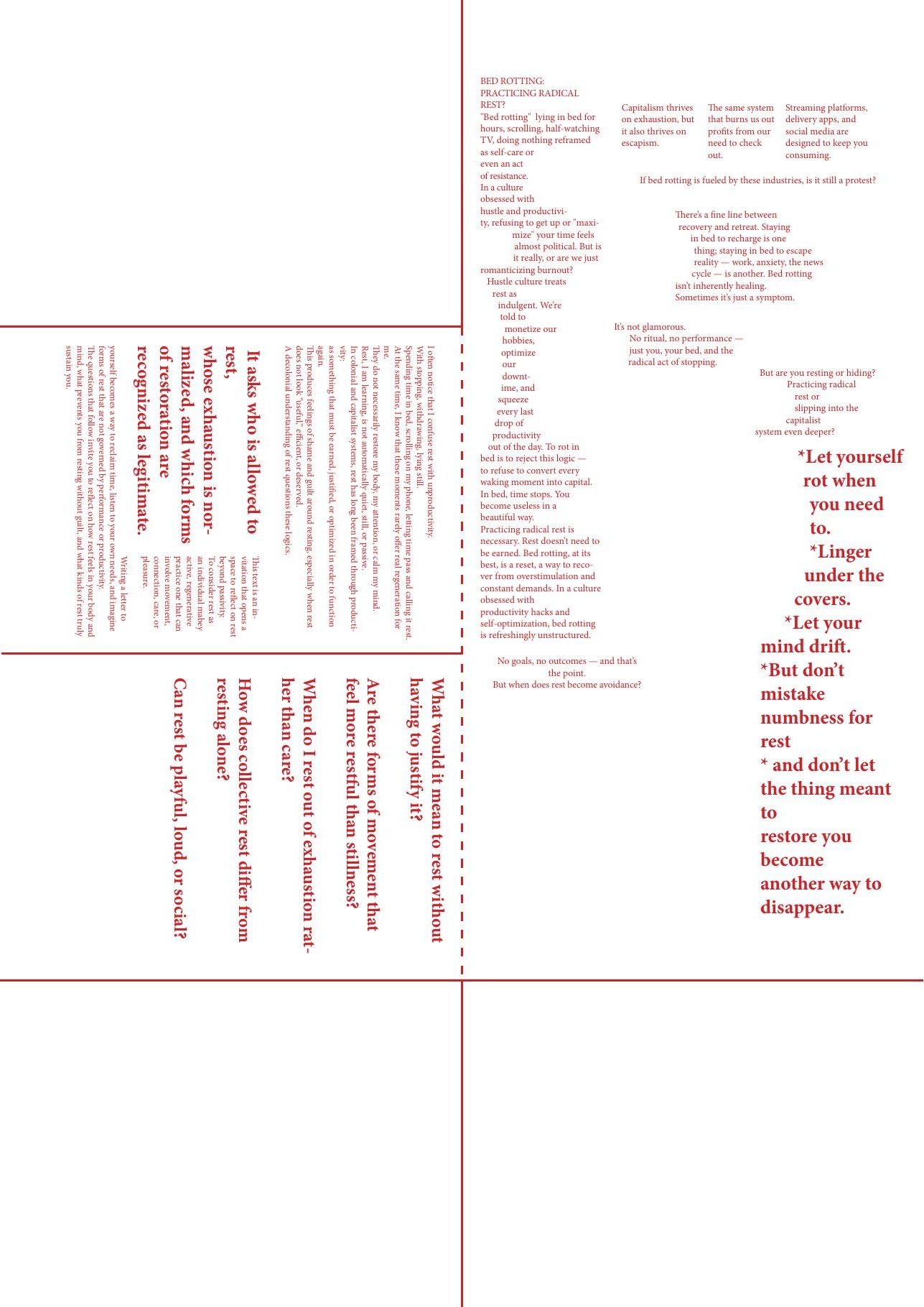zine page in red: the essay Bed rotting: practicing radical rest? set in columns, rotated lines and a list of instructions, surrounded by questions about rest