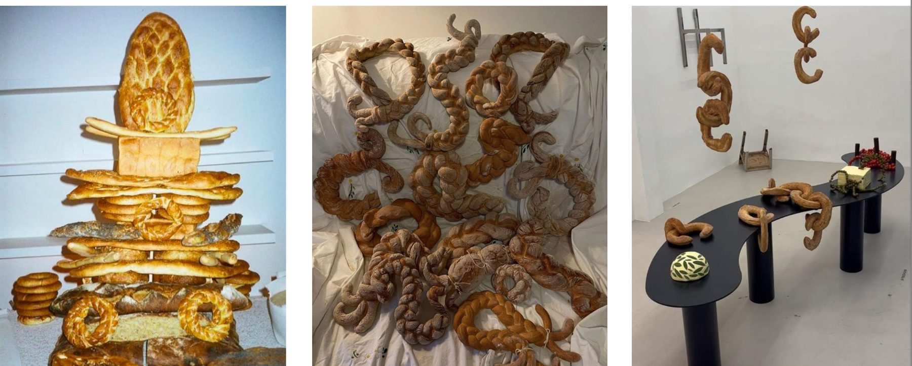 research board: bread as object, a tower of loaves, braided bread shapes, bread hanging in an exhibition