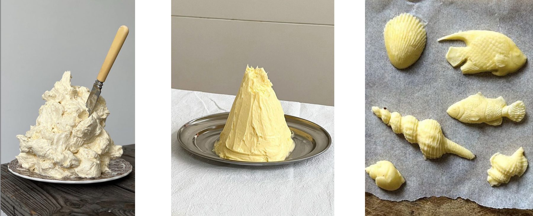 research board: butter as sculpture, a heap with a knife, a butter cone, butter shells and fish