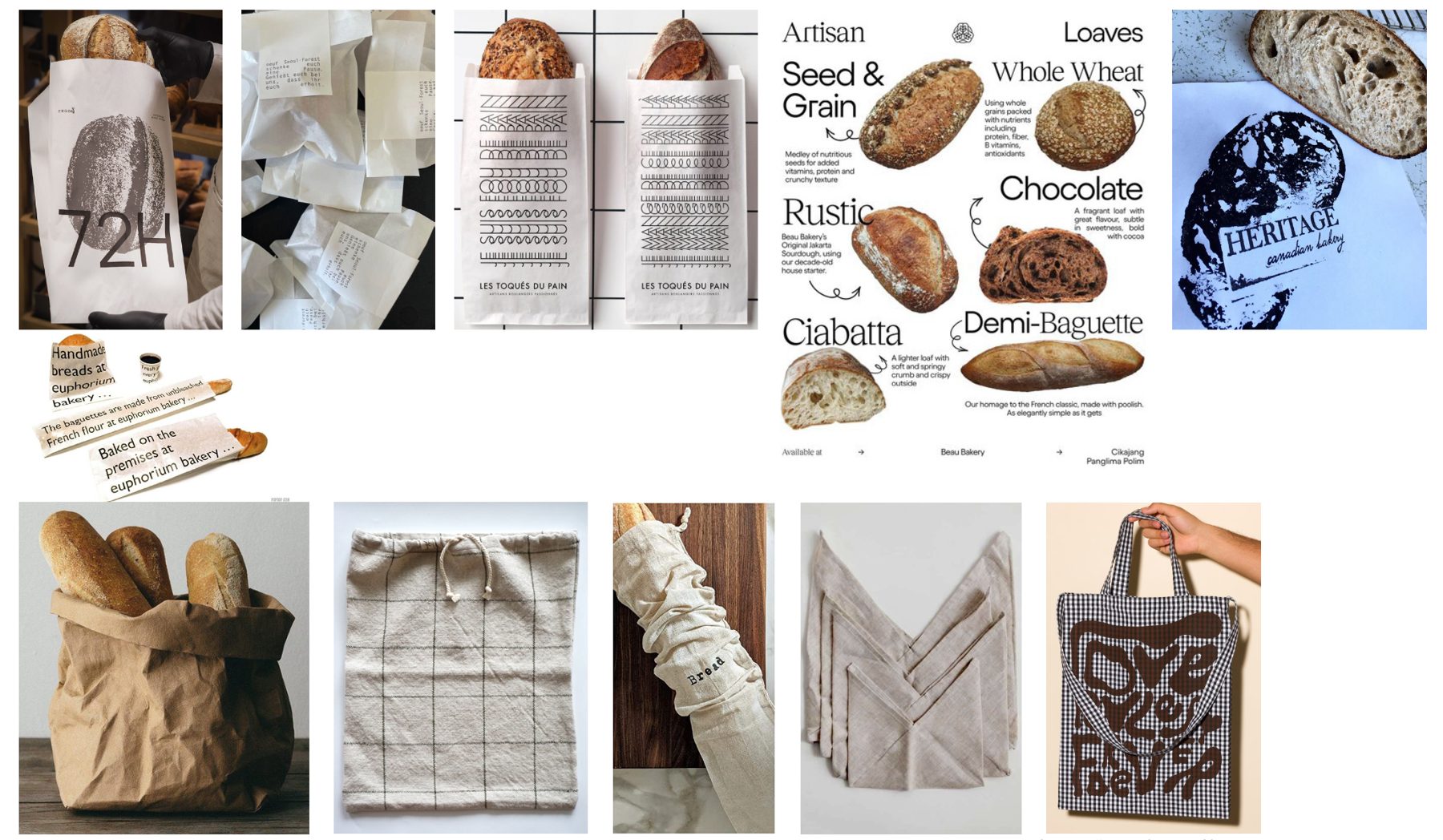 research board: bakery packaging, paper bread bags, linen bags and bakery typography