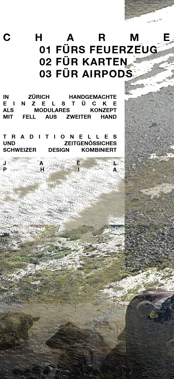 front layer of the label on tracing paper: CHARME in spaced Helvetica, product list and text in stretched justified type