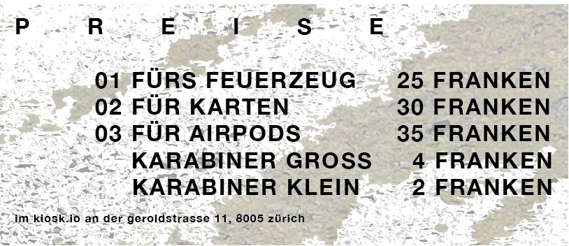 price list: 01 for the lighter 25 francs, 02 for cards 30 francs, 03 for AirPods 35 francs, carabiner large 4 francs, small 2 francs