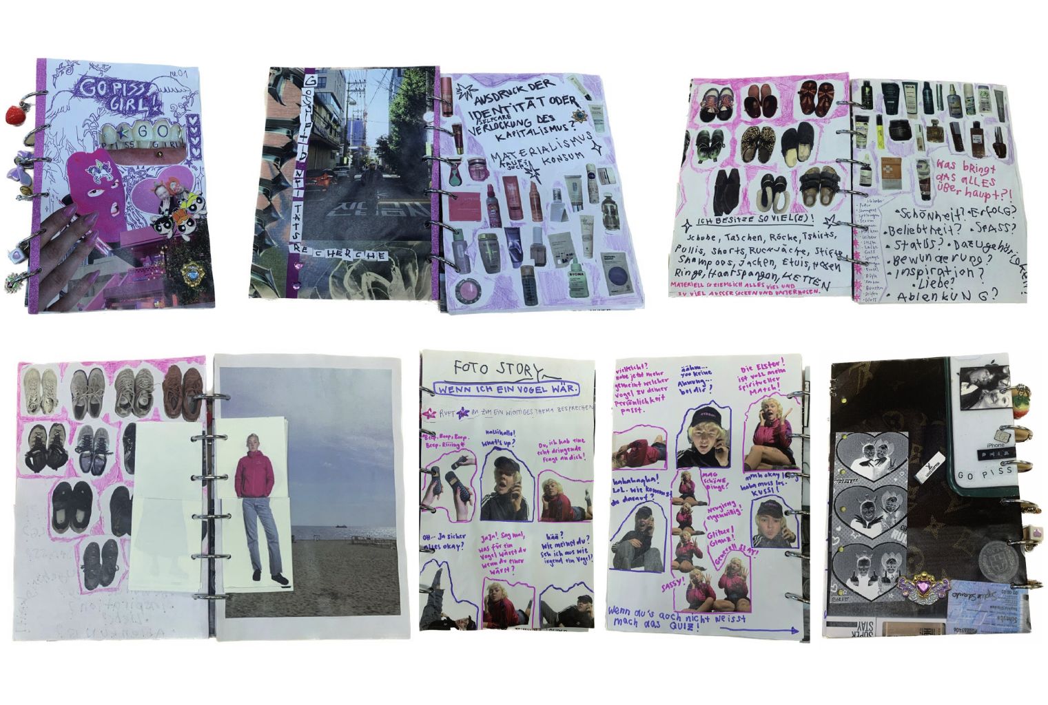 spreads of the ring-bound zine: shoes, cosmetics, handwritten questions about identity and consumption, a photo story