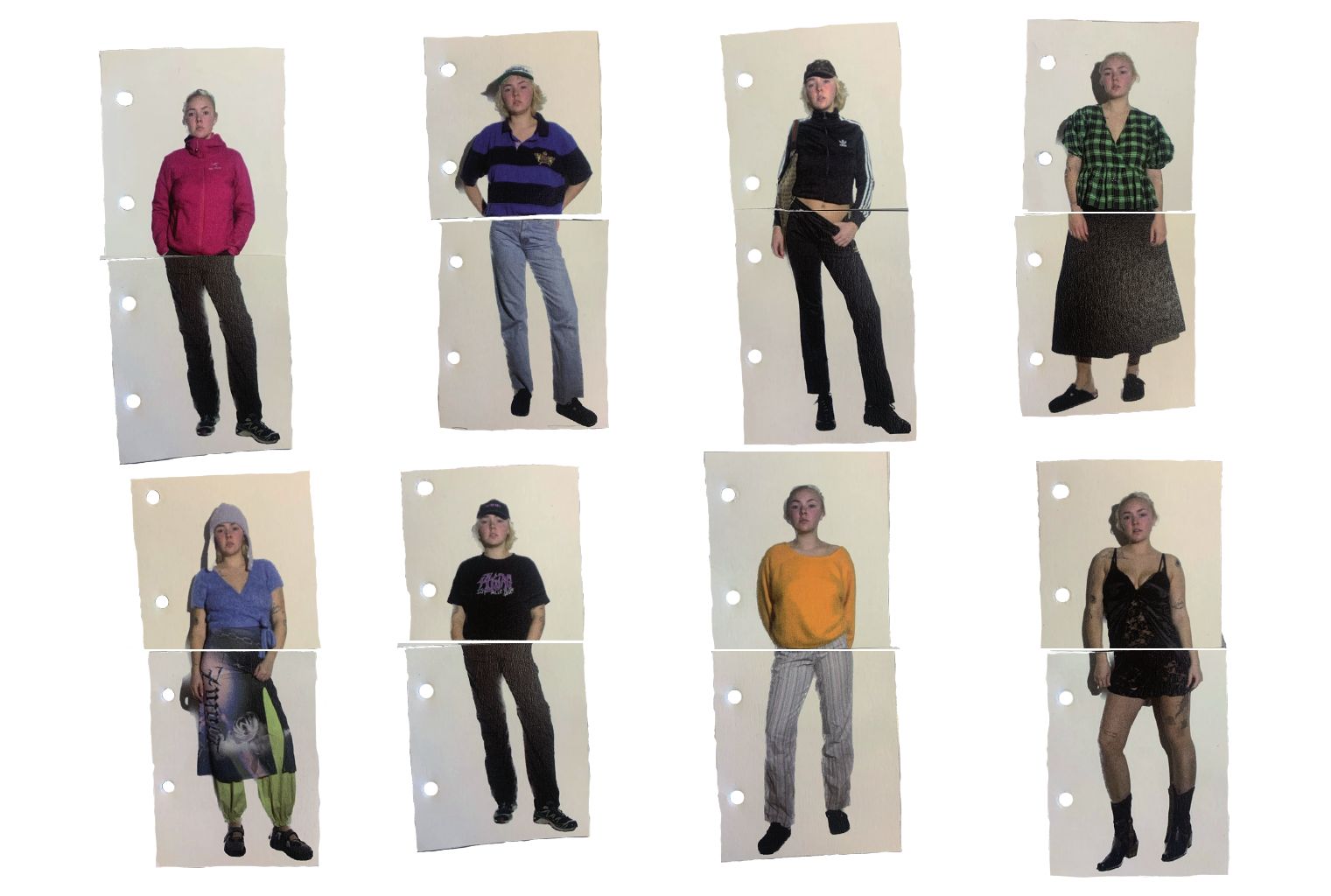 flip book pages: eight outfits, each split into top and bottom half to mix and match