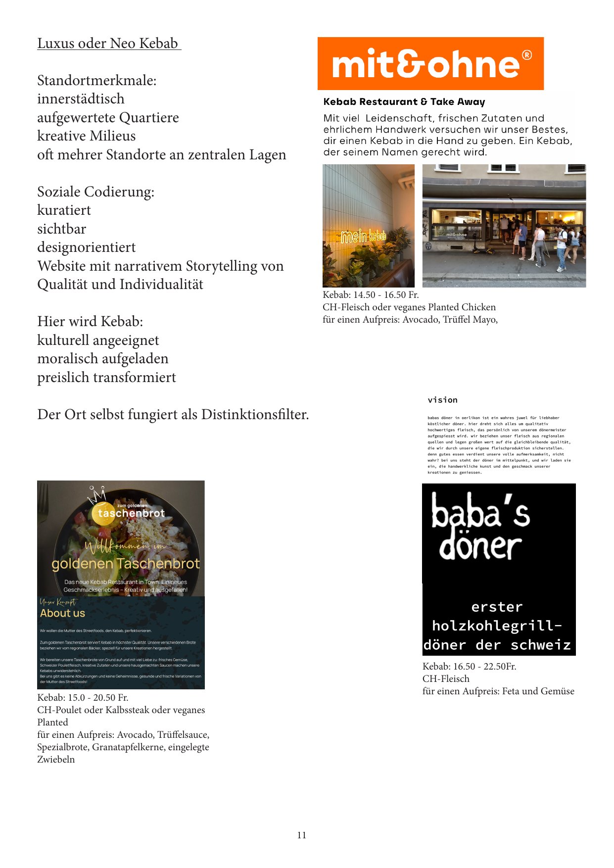 page 11 of the paper: luxury or neo kebab, location features, social coding and prices, with screenshots of the shops’ websites and storefronts
