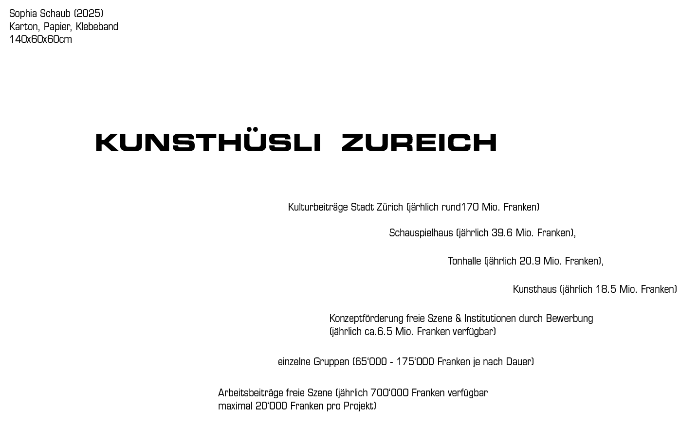 wall text: Kunsthüsli Zureich, with cultural funding figures in Zurich stepping to the right: city cultural funding around 170 million francs a year, Schauspielhaus 39.6 million, Tonhalle 20.9 million, Kunsthaus 18.5 million, concept funding for the independent scene around 6.5 million, individual groups 65,000 to 175,000 francs, work grants 700,000 francs in total and at most 20,000 per project