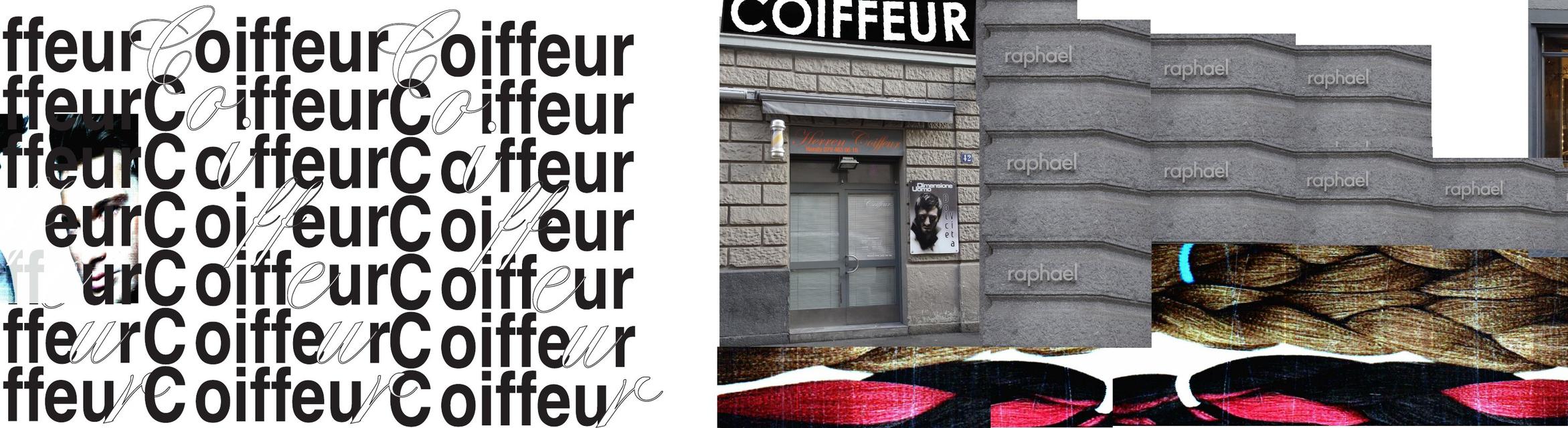 leporello part 1: the word coiffeur repeated in grotesque and script, followed by shop fronts