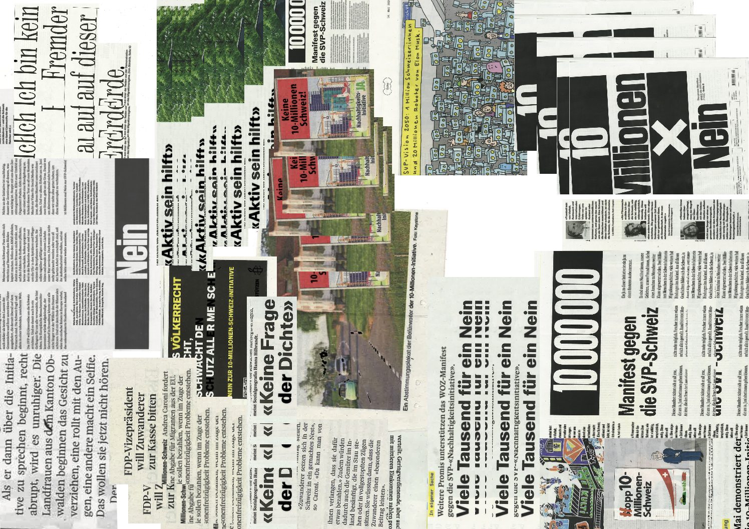 collage of cut-out headlines, campaign posters and images from Swiss newspapers about the 10-million initiative