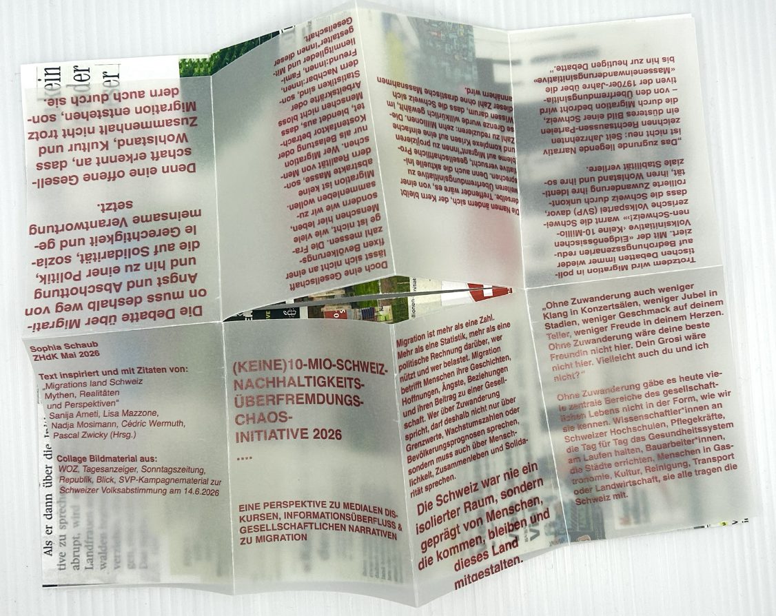 the zine unfolded: one sheet of tracing paper with red text over the collage