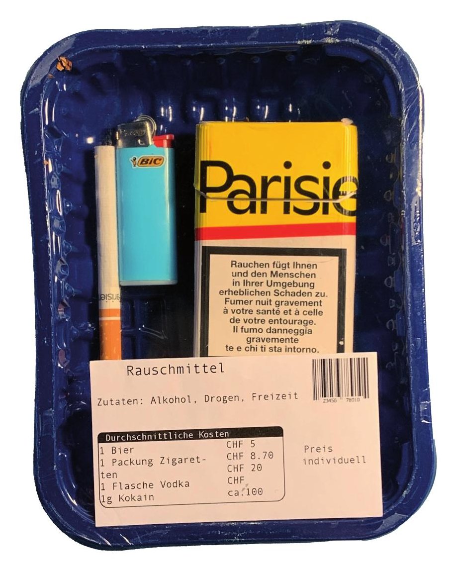 tray Rauschmittel: cigarette, lighter and a pack of Parisienne, price individual