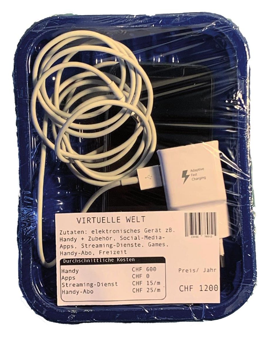 tray Virtuelle Welt: charging cable and plug under cling film, price label CHF 1200 per year