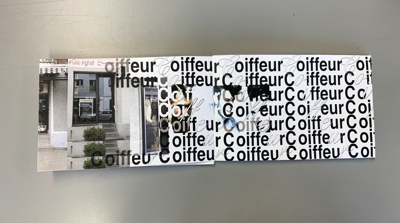 the leporello folded, cover with repeated coiffeur lettering