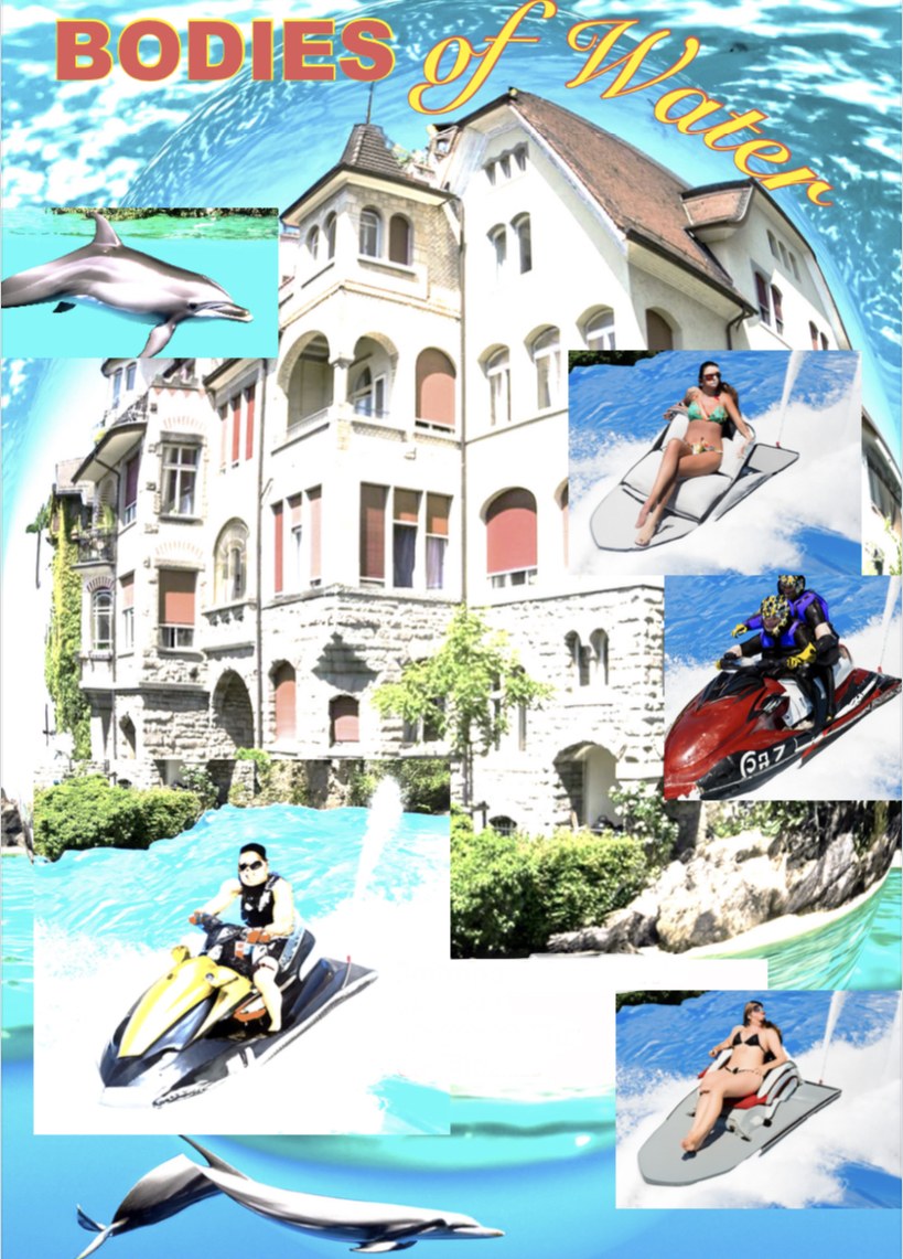 party flyer Bodies of Water: a villa on a lake inside a bubble of water, collaged with jet skis, people on inflatable loungers and two dolphins, title in red and yellow script