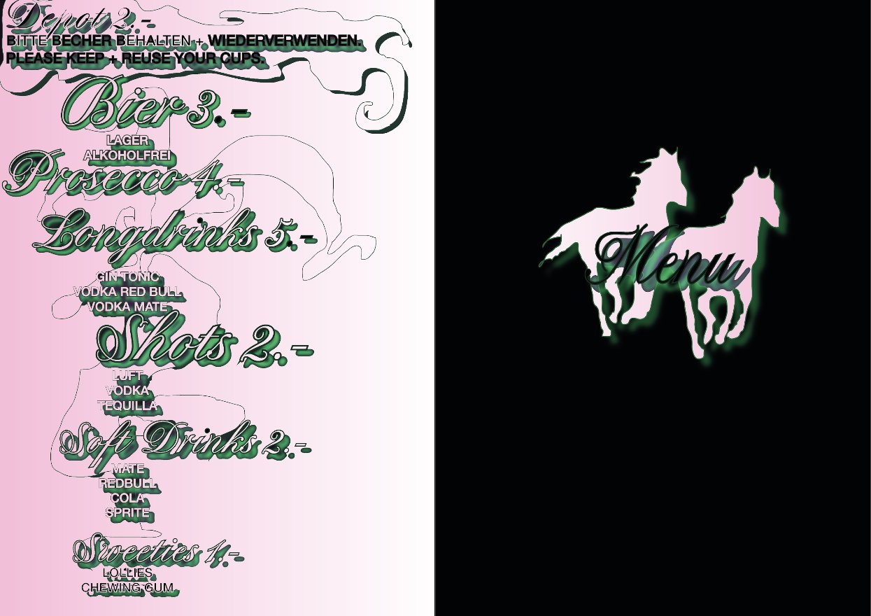 drinks menu for a horse-themed party: pink gradient with glossy green script prices on the left, two pink horse silhouettes and the word Menu on black on the right