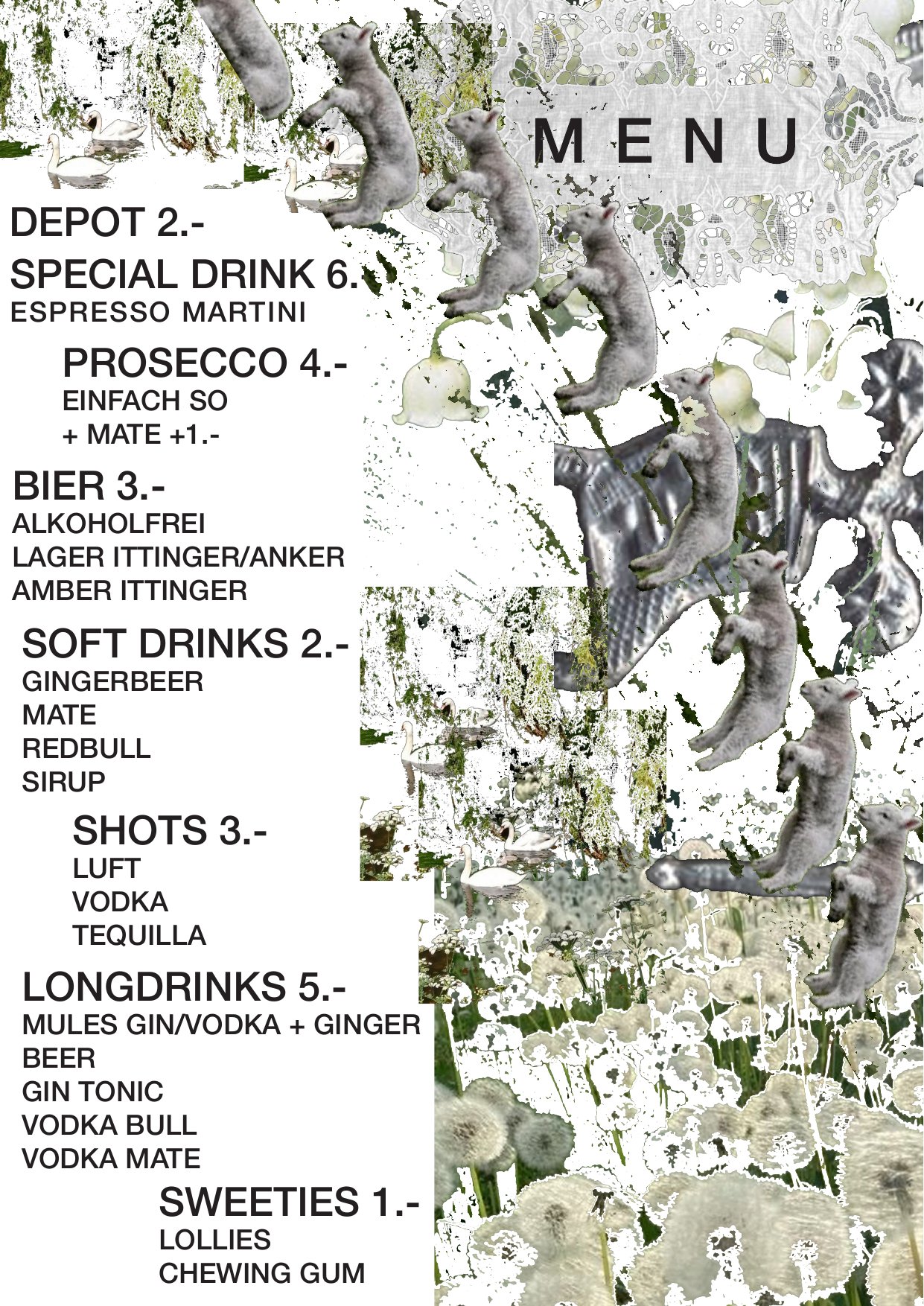 bar menu on white: drinks and prices in black capitals on the left, a collage of jumping lambs, swans, dandelions, lace and chrome shapes on the right, the word menu in wide spaced letters