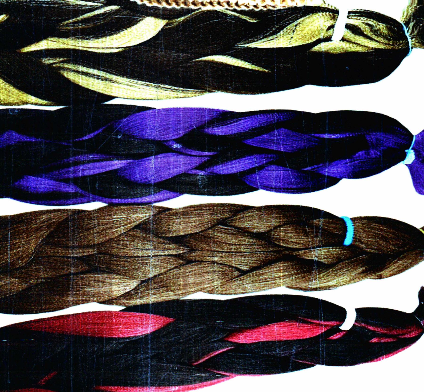 hand scan of braiding hair in blonde, purple, brown and red