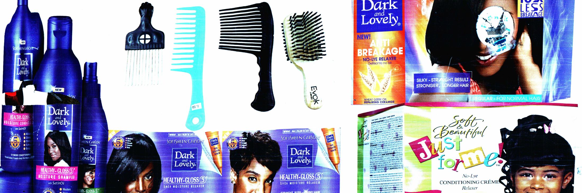 hand scan of hair product packaging and combs