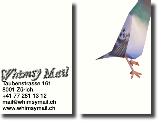 business cards: chrome logo with contact details on the front, a pigeon walking out of the frame on the back