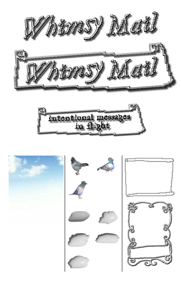 collection of the main design elements: logo, framed logo with slogan banner, sky background, three pigeons, chrome clouds and two pixel frames