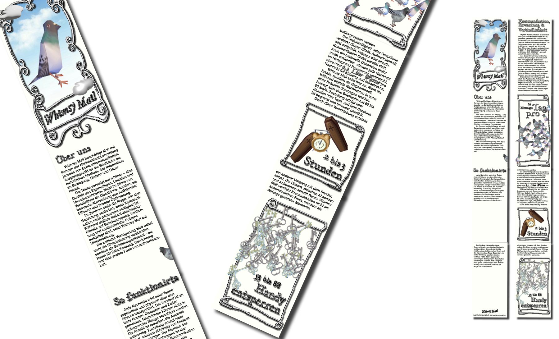 mockup of the flyer, an iPhone-sized leporello unfolded lengthwise, with sections about us and how it works, and illustrated numbers: 2 to 3 hours, 53 to 88 phone unlocks, 34 messages per day