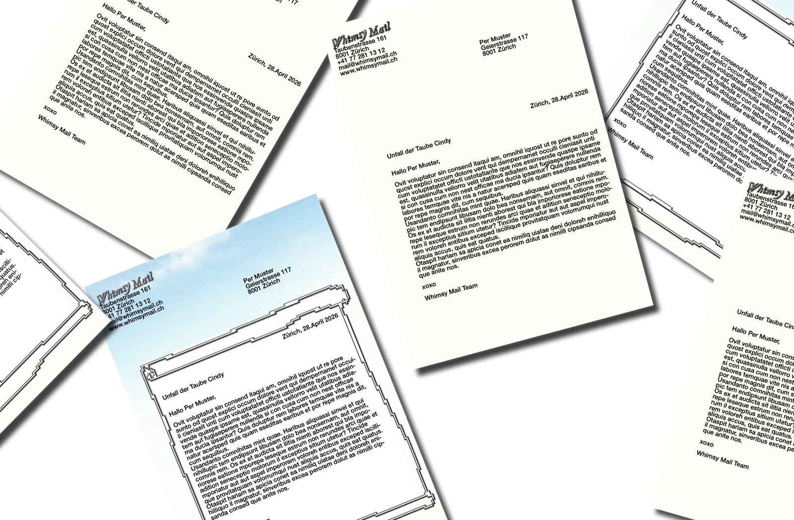 letterhead mockup: scattered letters, one plain and one with sky and pixel frame, subject: accident of the pigeon Cindy