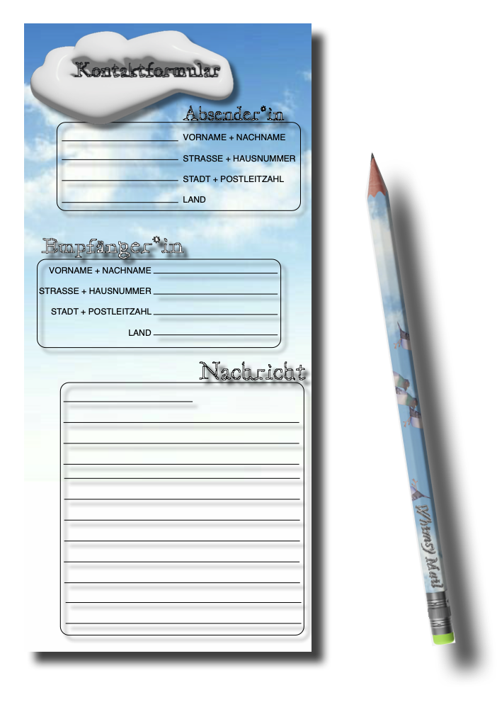 merch mockup: notepad as a contact form with sky and cloud, and a pencil printed with pigeons and the logo