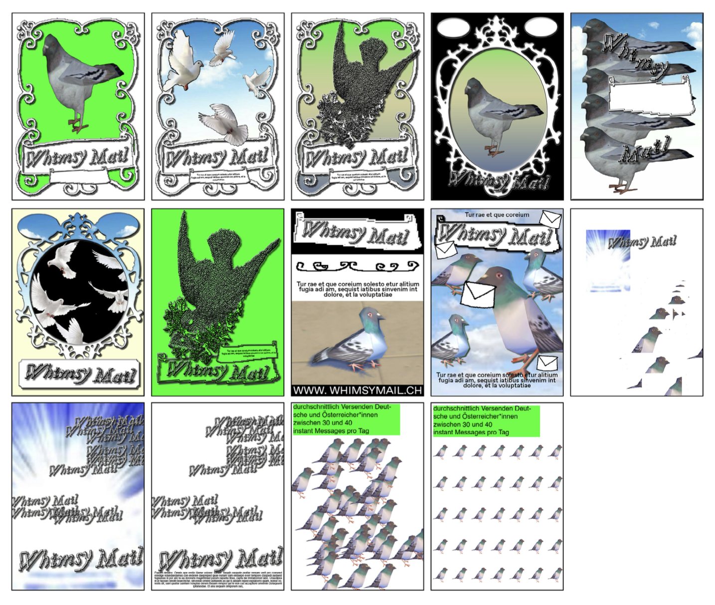 fourteen poster variations with pigeons in ornate frames, neon green and sky blue backgrounds, flocks of pigeons and the statistic of 30 to 40 instant messages per day