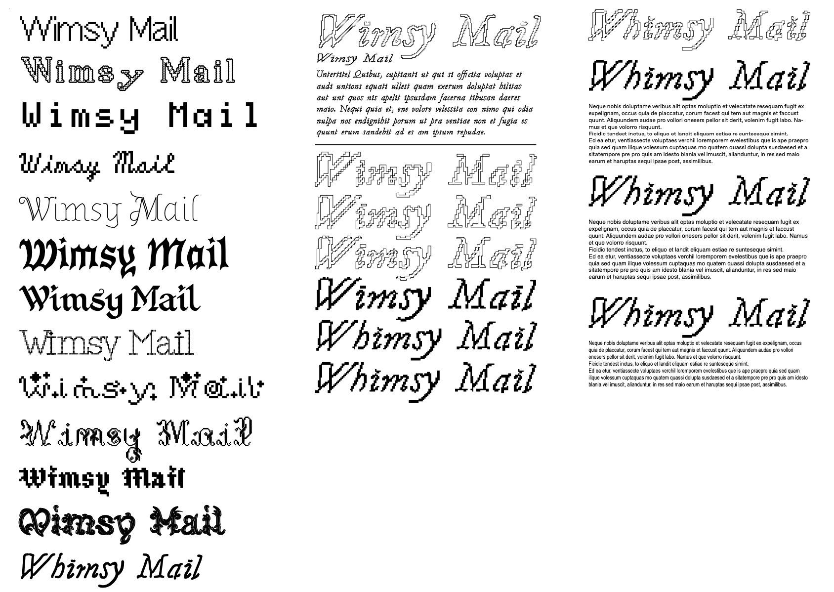 type research: many versions of the name in pixel, blackletter, script and cross stitch styles, leading to the final pixelated italic