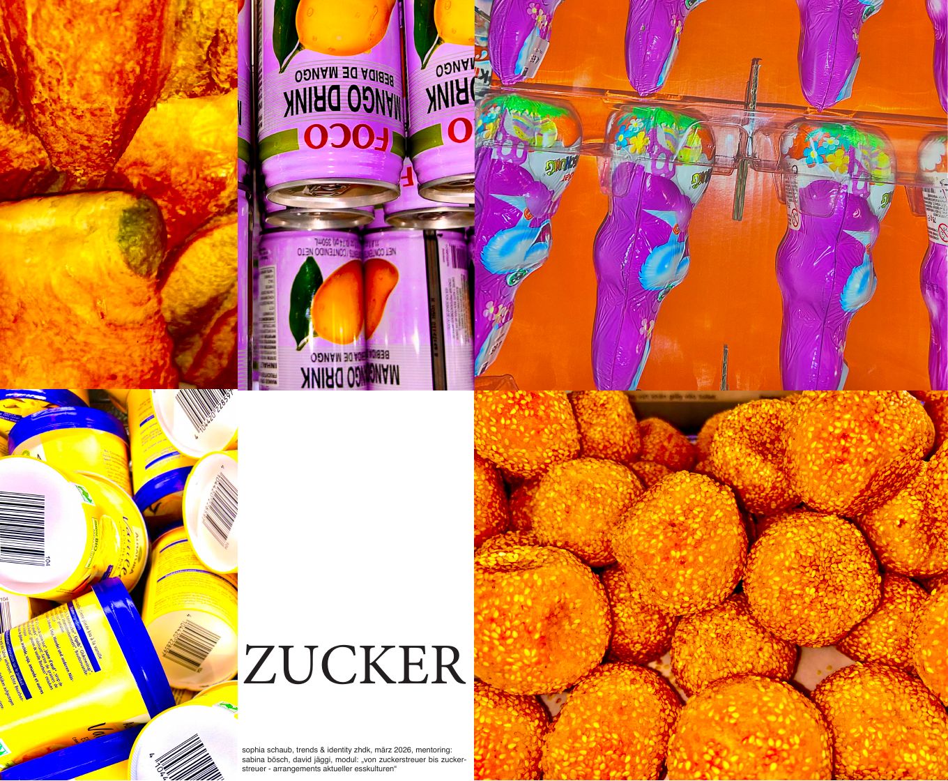 print side 1: grid of still lifes with sweets, a mango drink, gummy sweets, packaged snacks and bottles, colours pushed to neon