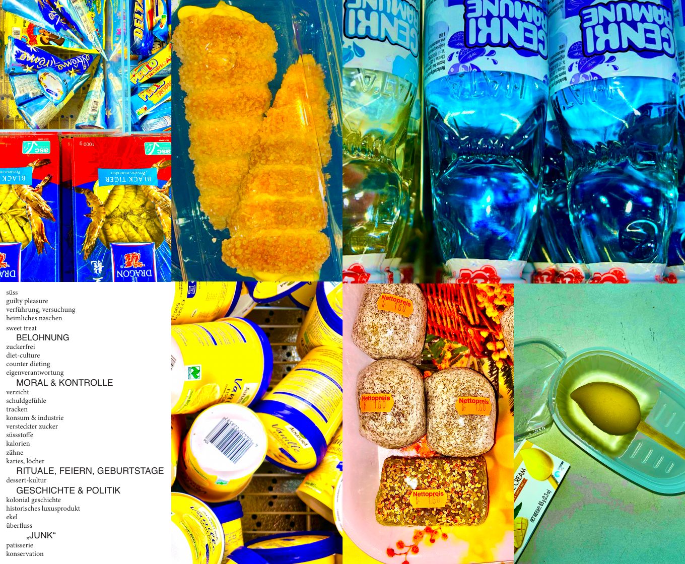 print side 2: the title ZUCKER, the list of research terms, sugared sweets, yellow tubs and packaged grains